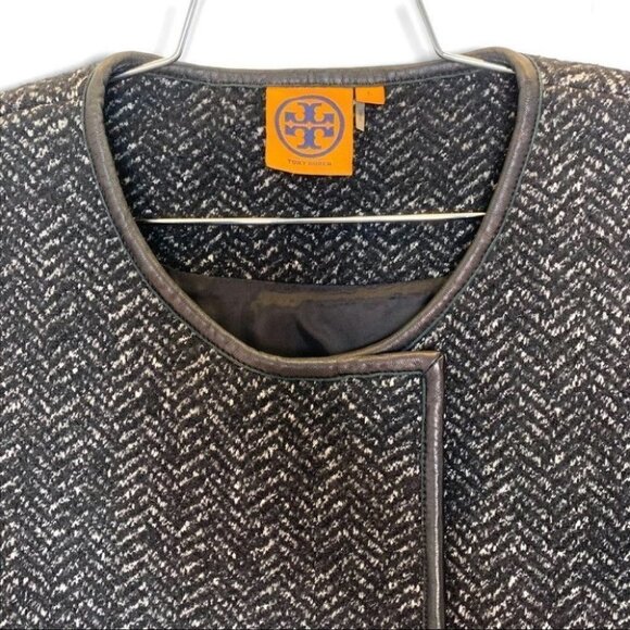 TORY BURCH BLACK WHITE WOOL LEATHER SLEEVELESS LIGHT BELTED  BELT JACKET - Picture 5 of 15